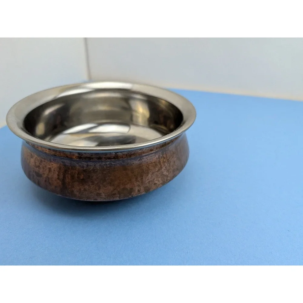 TERA India Hammered Copper Stainless Steel Double Wall Serving Dish Pot 6.75 In